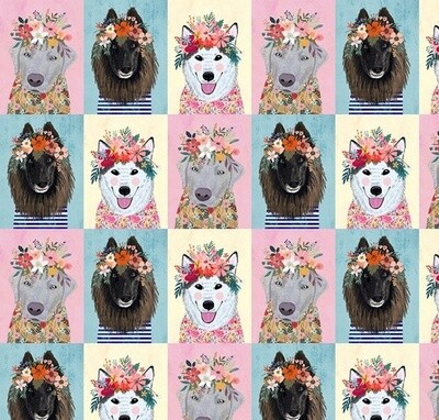Floral Puppies - Cotton - Panel