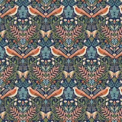 Birds Navy Metallic - Cotton - From Fat Quarter