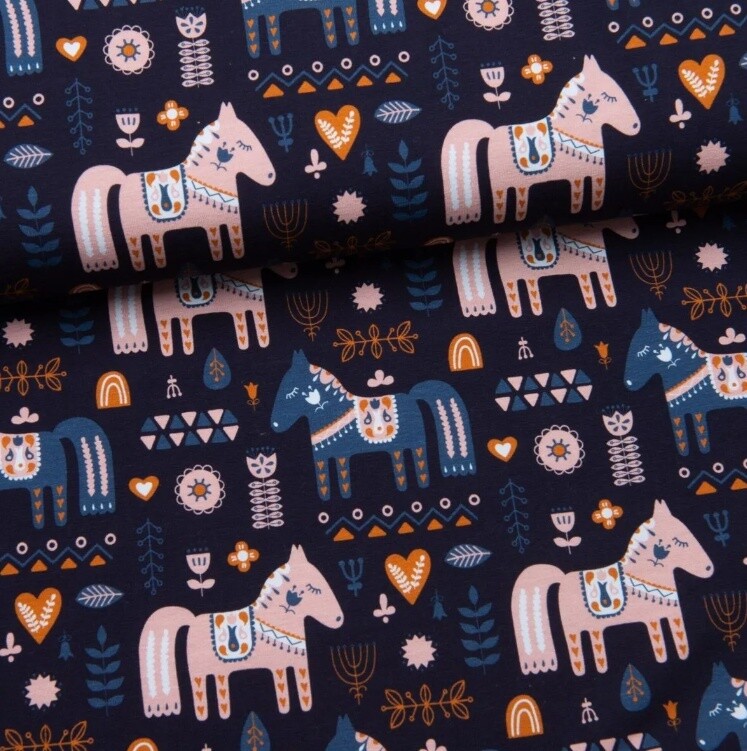 Dala Horse Blue - Jersey Fabric - Oeko-Tex Standard 100 - From 0.5 Metre
