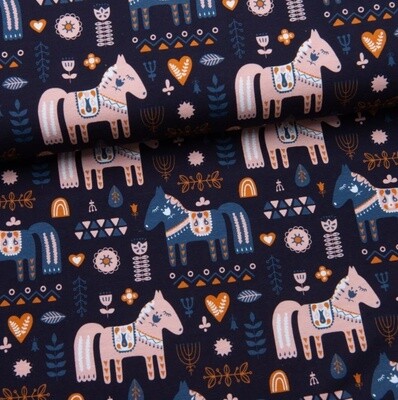 Dala Horse Blue - Jersey Fabric - Oeko-Tex Standard 100 - From 0.5 Metre
