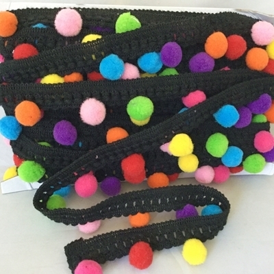 Multi Coloured Pom Pom Black - by Metre