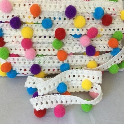Multi Coloured Pom Pom White - by Metre