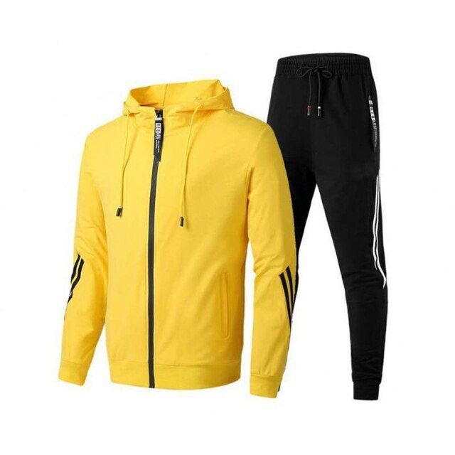 Men Hoodied Striped Tracksuit Yellow +Black