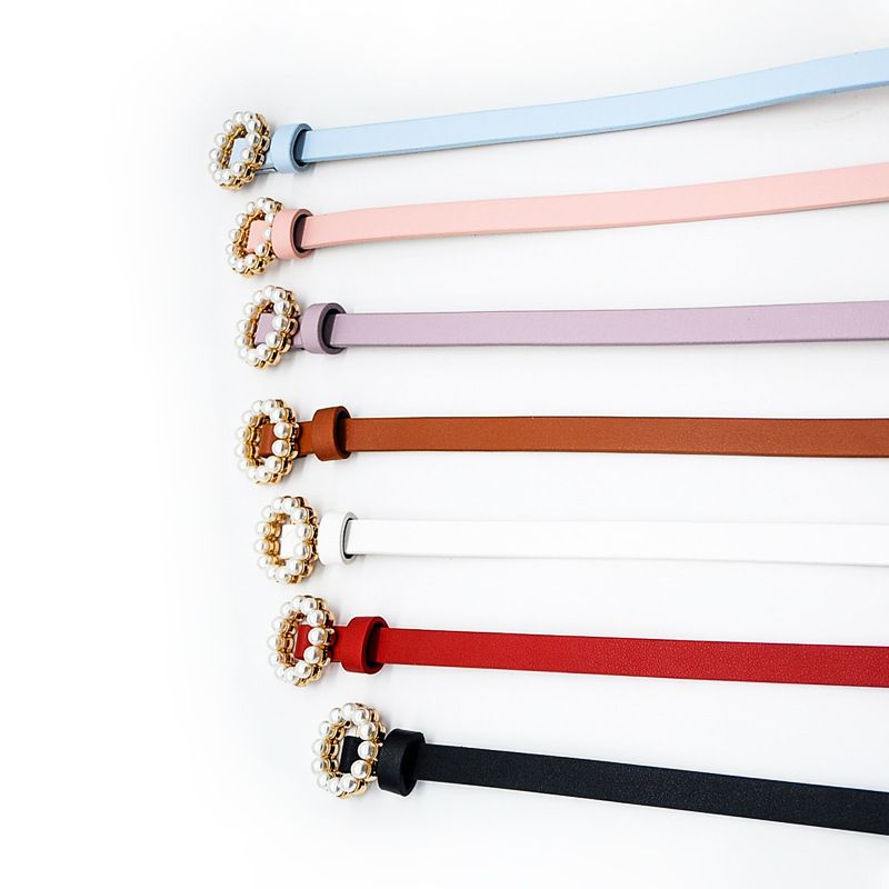 Women’s Imitation Leather Belt with Pearl Buckle Decor