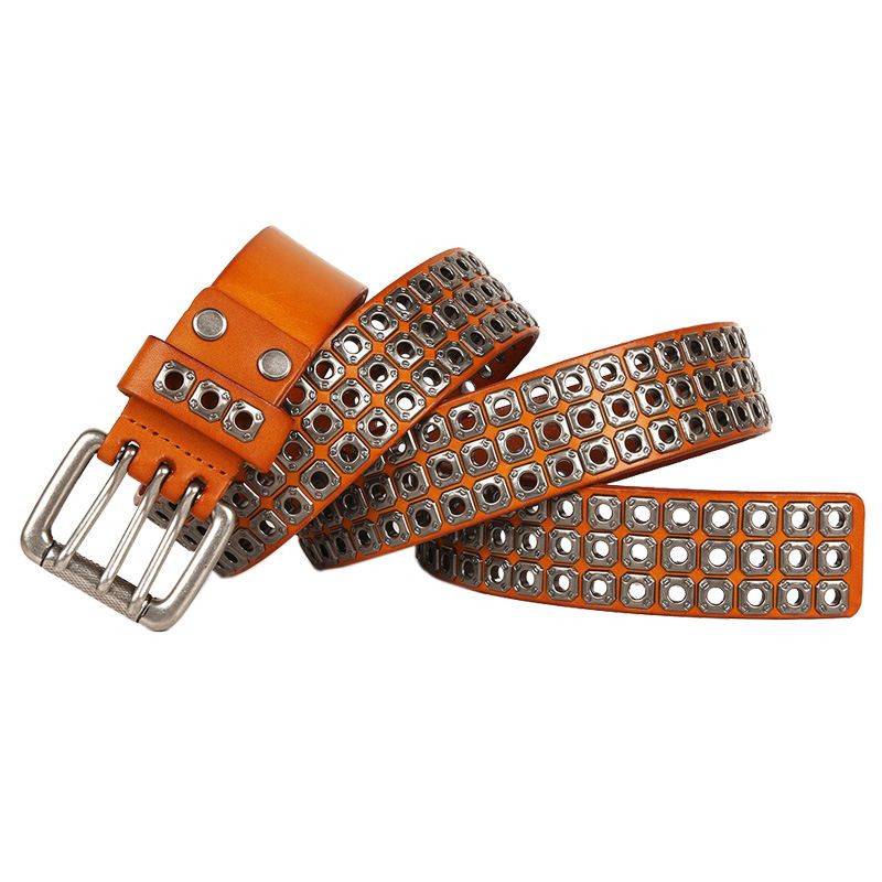 Punk Hollow-Out Rivet Belt – Unisex Leather with Three-Pin Buckle