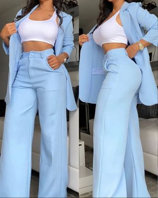 Women&#39;s Elegant Lapel Blazer &amp; Split Sleeve Pants Suit