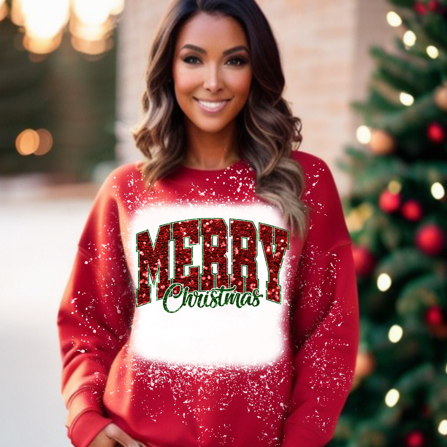 FAUX Glitter Merry Christmas- Bleached Heather Red
