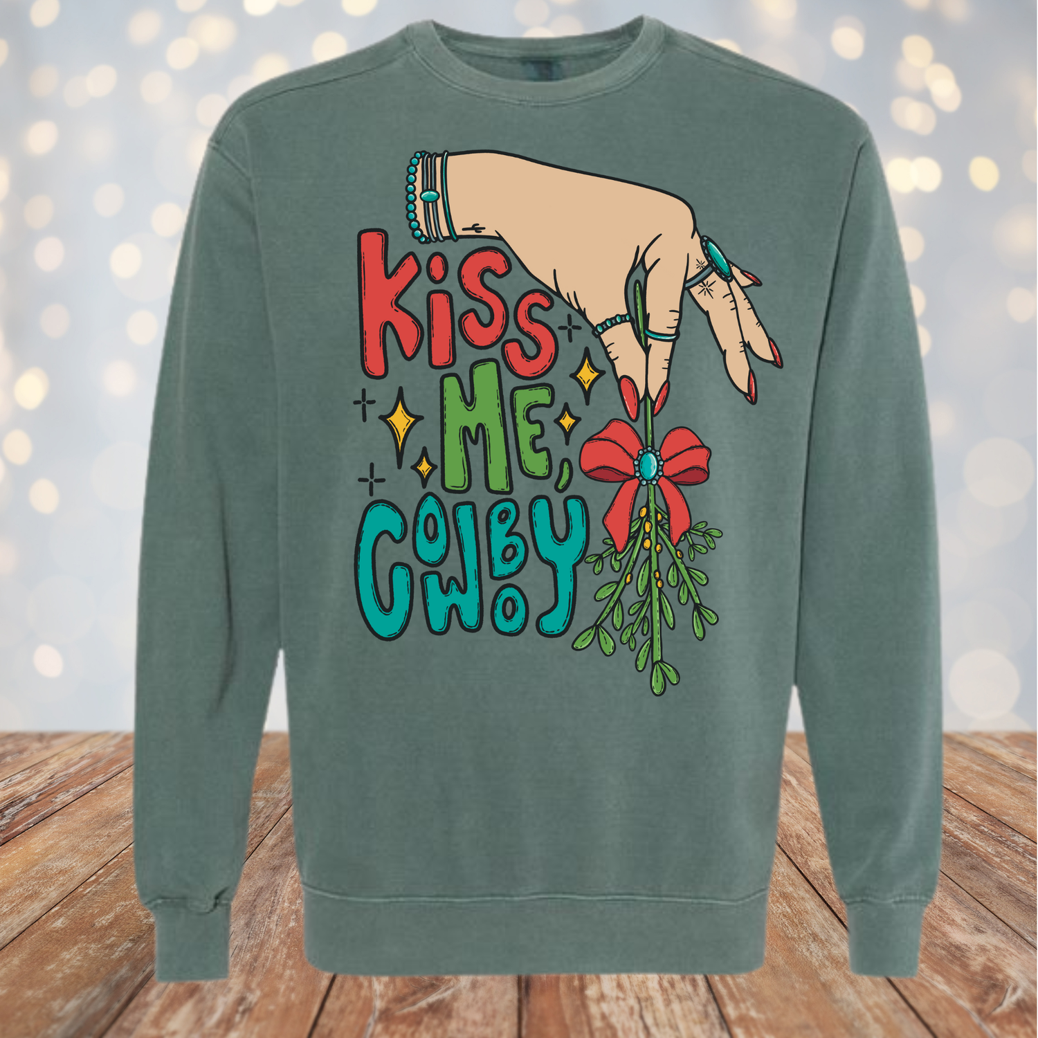 Kiss Me Cowboy Mistletoe- Comfort Color Crewneck (Blue Spruce)