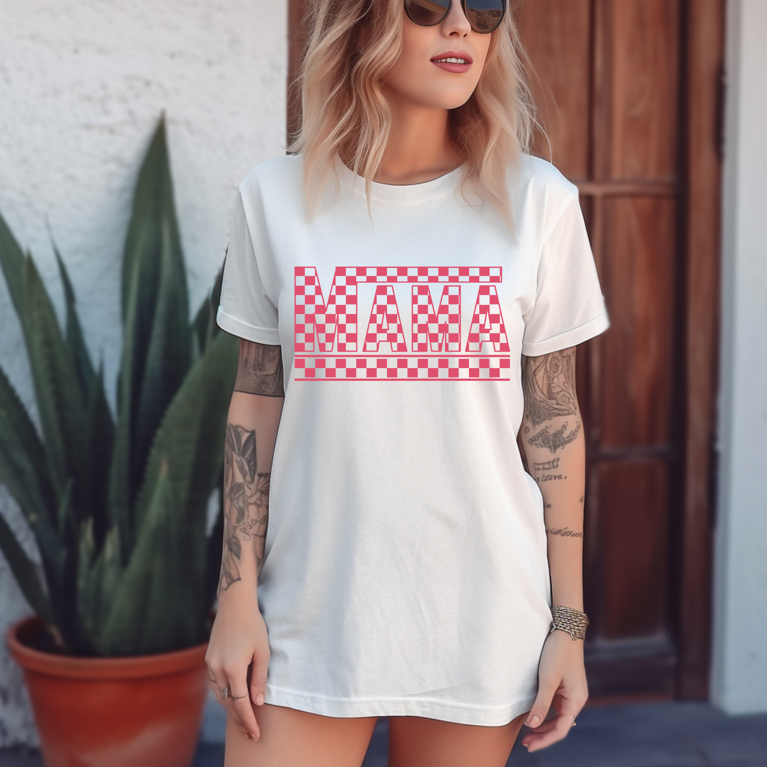 Checkered Pink Mama T-shirt