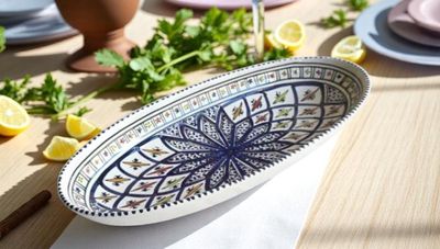 Piatto da Portata Ovale Artigianale Piatto da Portata Ovale Artigianale "Arabesque Blu" in Ceramica Dipinta a Mano 40 cm