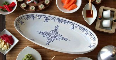 Piatto da portata ovale artigianale "Blue and White" in ceramica dipinta a mano - Ø 40 cm