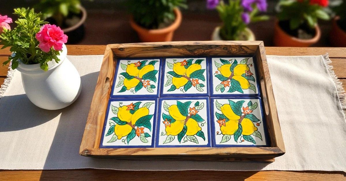 VASSOIO LIMONI  IN LEGNO D'ULIVO CON PIASTRELLE IN CERAMICA