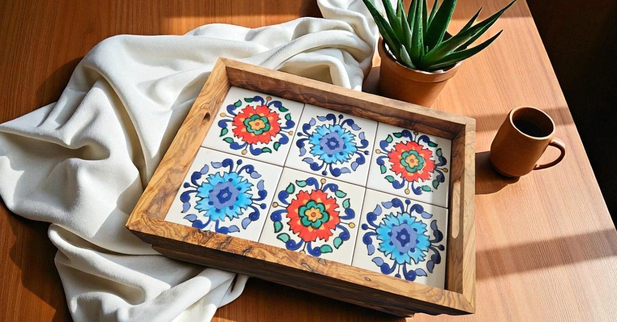 VASSOIO FLORALIS ORIENTALE - IN LEGNO D'ULIVO CON PIASTRELLE IN CERAMICA
