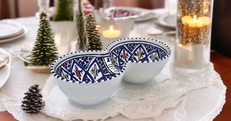 Ciotola Doppia in Ceramica Ciotola Doppia in Ceramica "Arabesque Blu" - Fatta a Mano, 20 cm