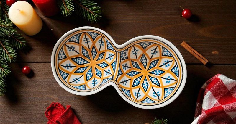 Ciotola Doppia in Ceramica Ciotola Doppia in Ceramica "Arabesque Giallo" - Fatta a Mano, 20 cm