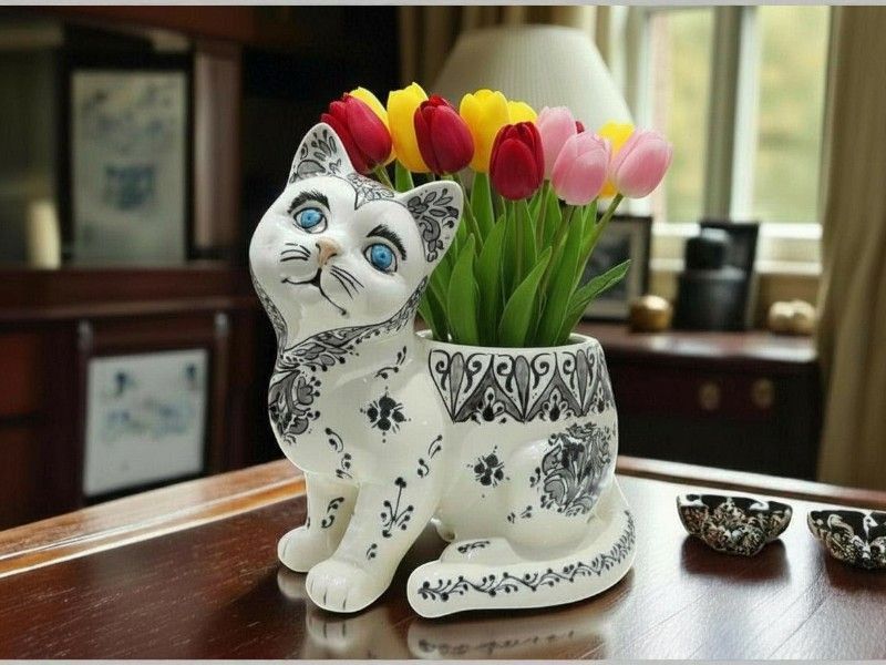 Vaso Decorativo Vaso Decorativo "Cute For You" – Gatto in Ceramica Bianco e Nero Dipinto a Mano