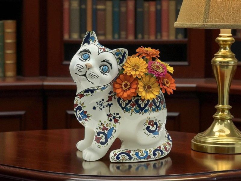 Vaso in Ceramica a Forma di Gatto Multicolore, Dipinto a Mano – Vaso in Ceramica a Forma di Gatto Multicolore, Dipinto a Mano – "Cute For You"