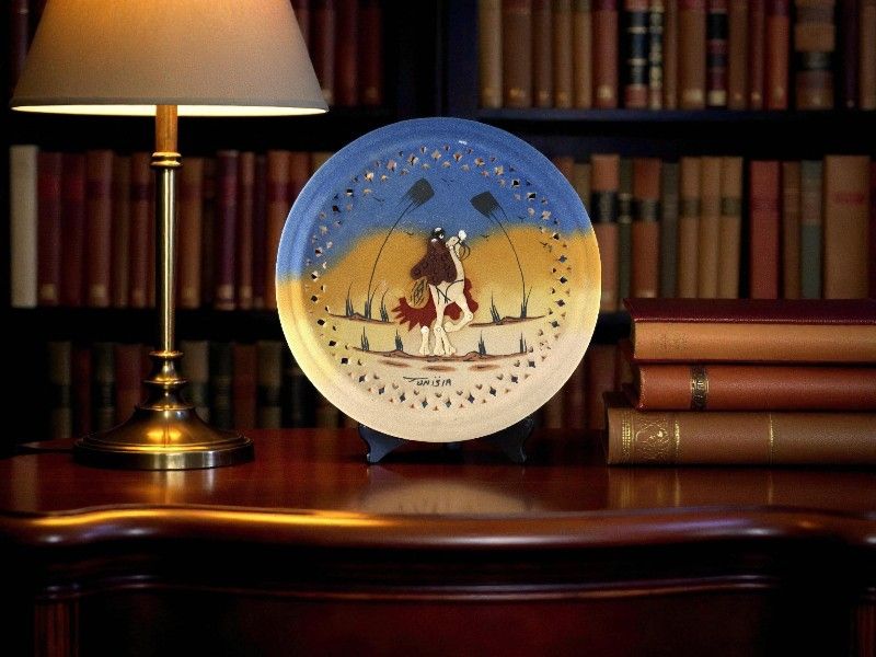 Tepsì Decorativo Sahara Turchese - Piatto Etnico Fatto a Mano in Ceramica e Sabbia Naturale