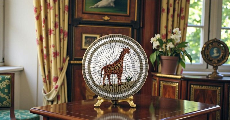 Piatto Decorativo Piatto Decorativo "Giraffa" in Mosaico Artistico di Marmo e Ceramica - Pezzo Unico Fatto a Mano