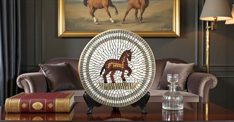 Piatto Decorativo Piatto Decorativo "Cavallo Arabo" in Mosaico Artistico di Marmo e Ceramica - Pezzo Unico Fatto a Mano