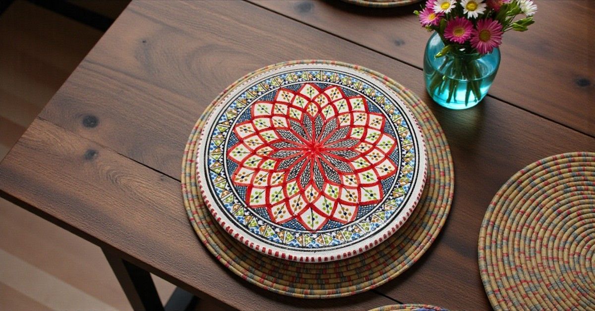 Piatto da Portata in Ceramica Artigianale Tunisina Piatto da Portata in Ceramica Artigianale Tunisina "Arabesque Rosso" - Ø 35 cm