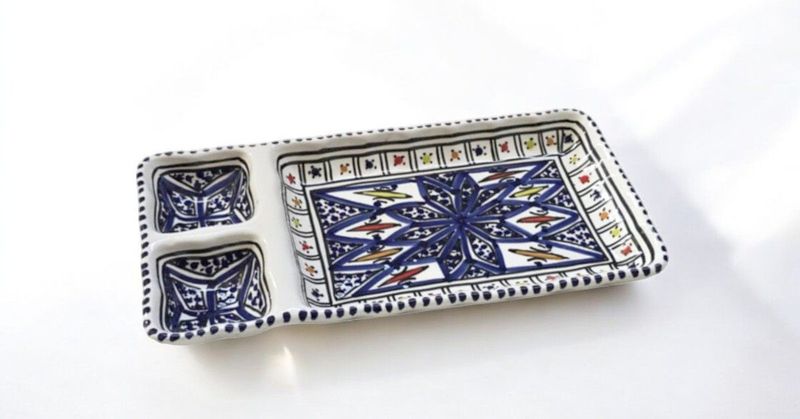 Vassoio Rettangolare in Ceramica Artigianale, 3 Scomparti - Arabesque Blu 26 cm
