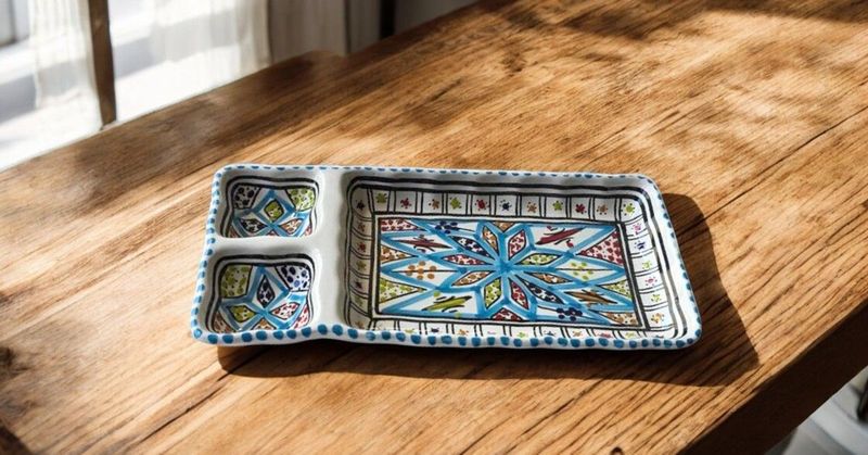 Vassoio Rettangolare in Ceramica Artigianale, 3 Scomparti - Arabesque Turchese 26 cm