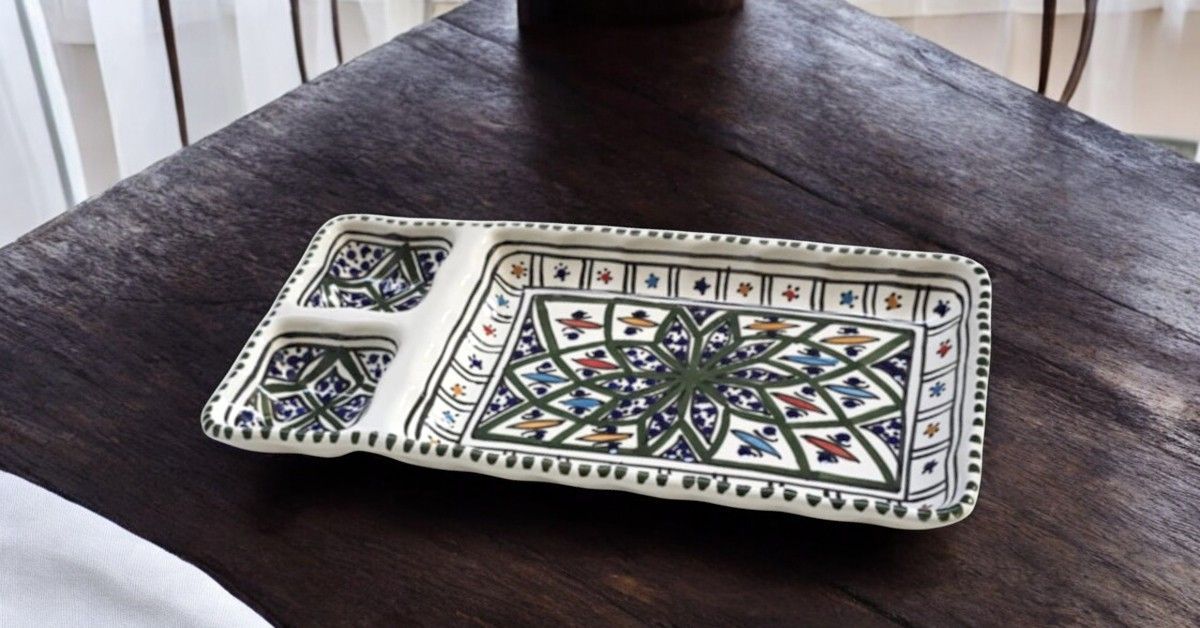 Vassoio Rettangolare in Ceramica Artigianale, 3 Scomparti - Arabesque Verde 26 cm