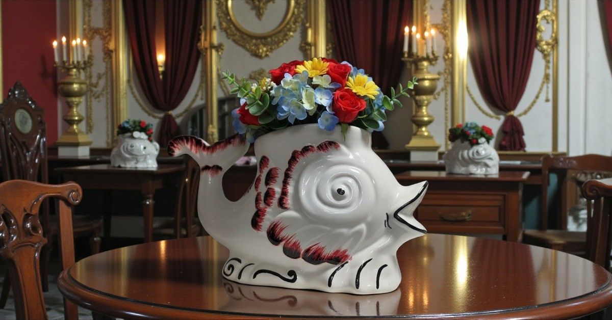 Vaso Portapianta Pesce "Corallo Rosso" - Ceramica Artigianale Nabeul - 40x20 cm