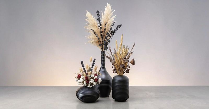 Set 3 Vasi Decorativi Neri in Ceramica - Trio Artigianale Moderno