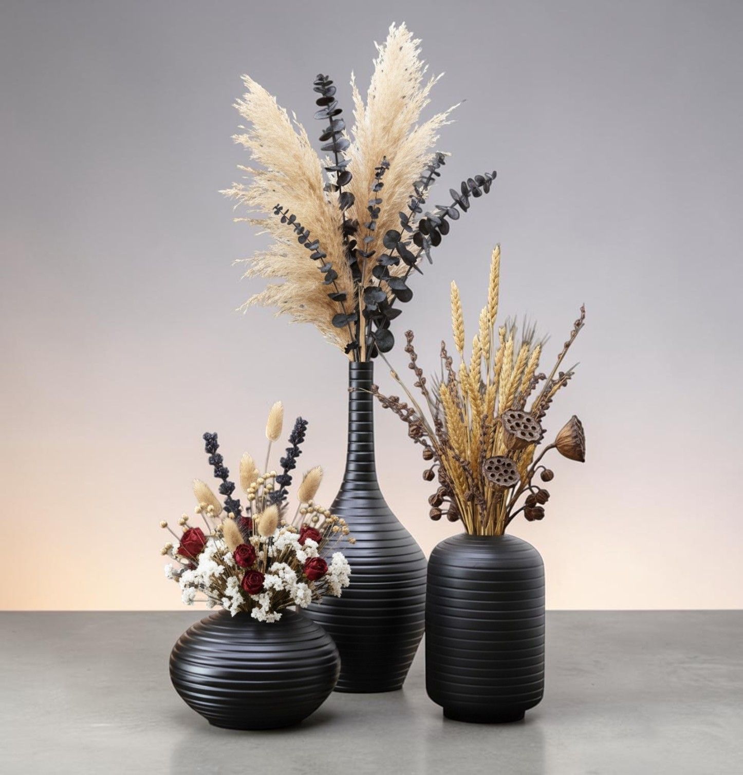 Set 3 Vasi Decorativi Neri in Ceramica - Trio Artigianale Moderno