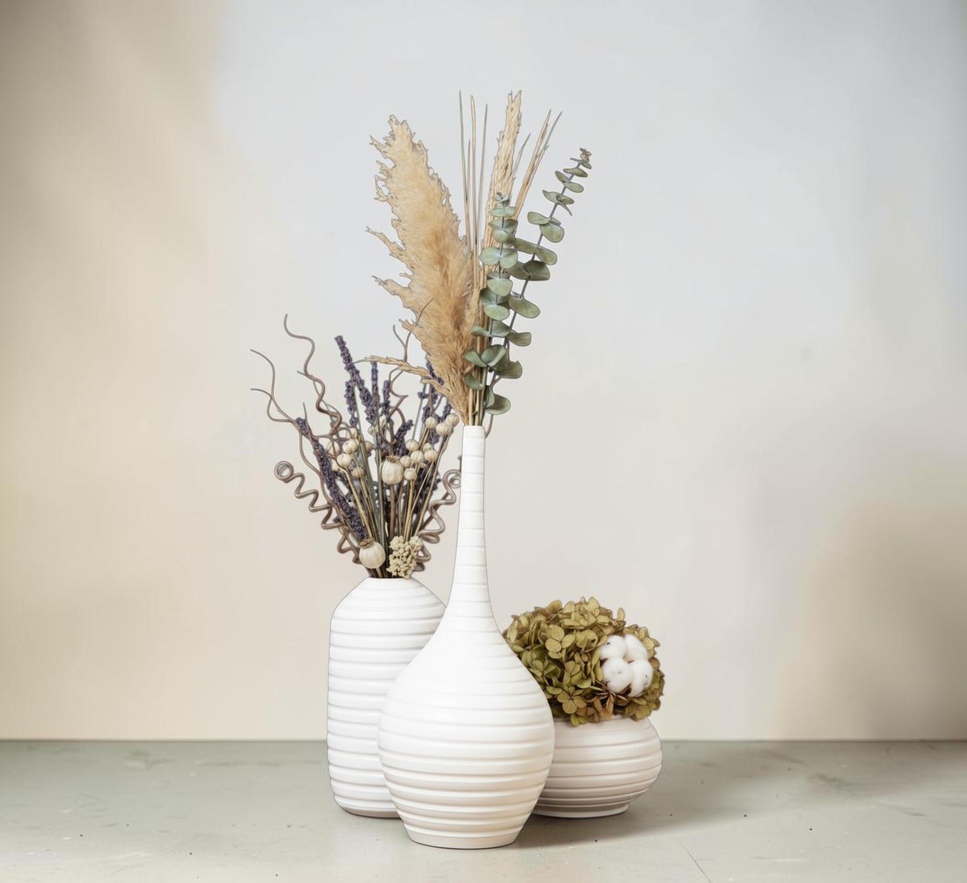 Set 3 Vasi Decorativi Bianchi in Ceramica - Trio Artigianale Moderno