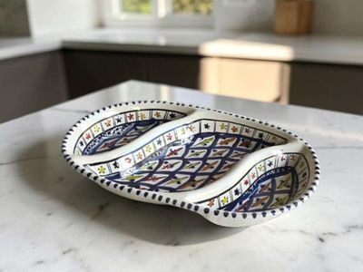 Antipastiera Ovale in Ceramica Artigianale, Decoro Arabesque Blu - 3 Scomparti, Ø 28 cm, Dipinta a Mano