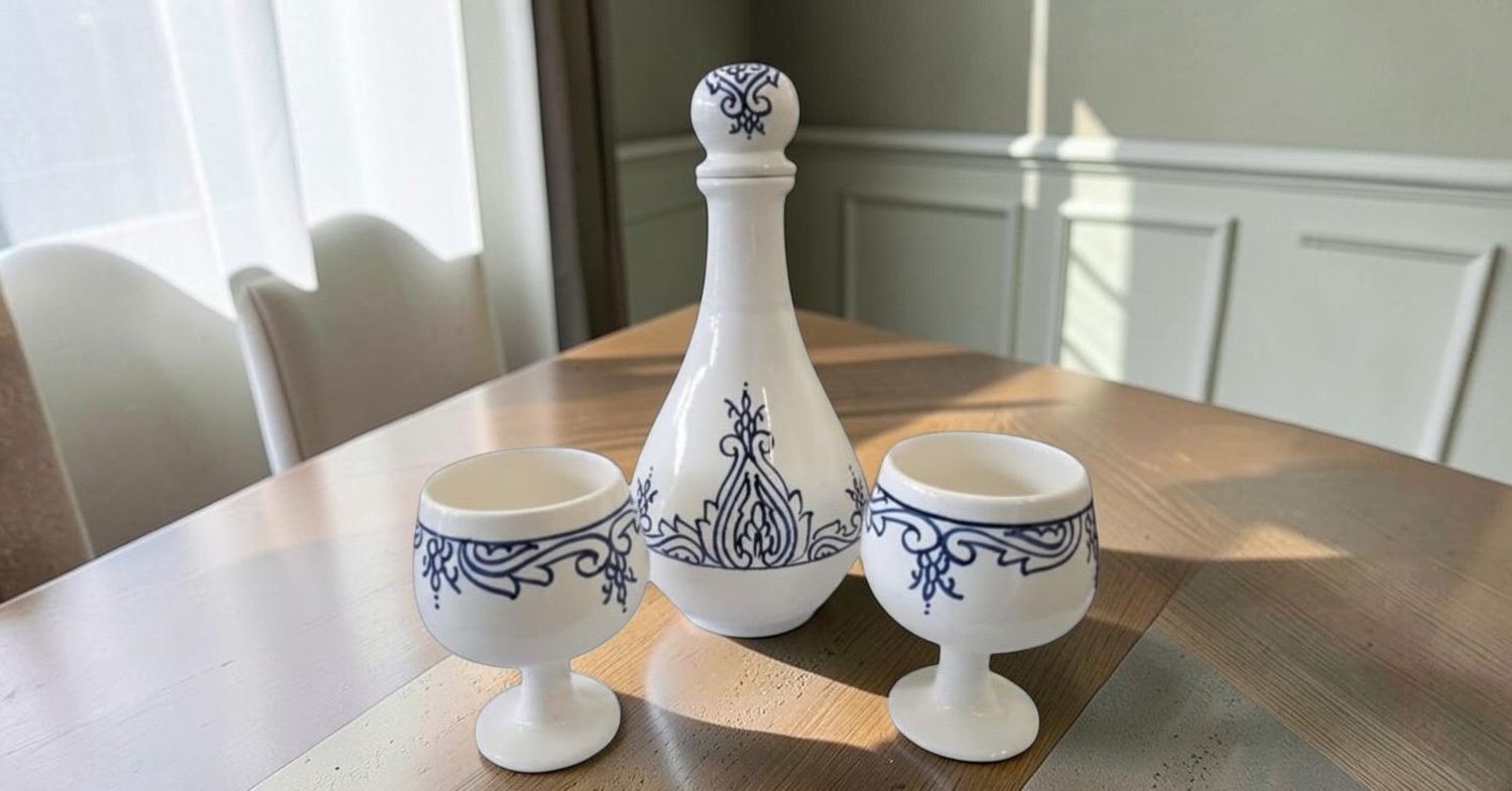 Set da Vino in Ceramica Set da Vino in Ceramica "Blueandwhite" - Bottiglia e 2 Calici Artigianali