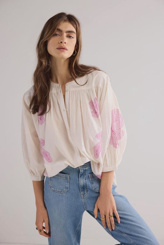 Blouse  met Lila Borduursel - Ivory