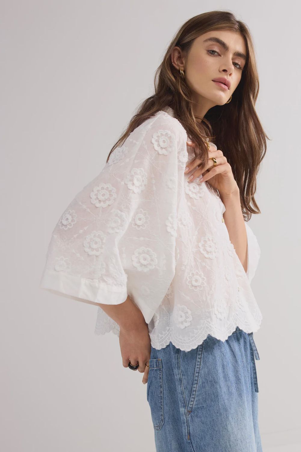 Blouse 3D bloemenkatoen - Wit
