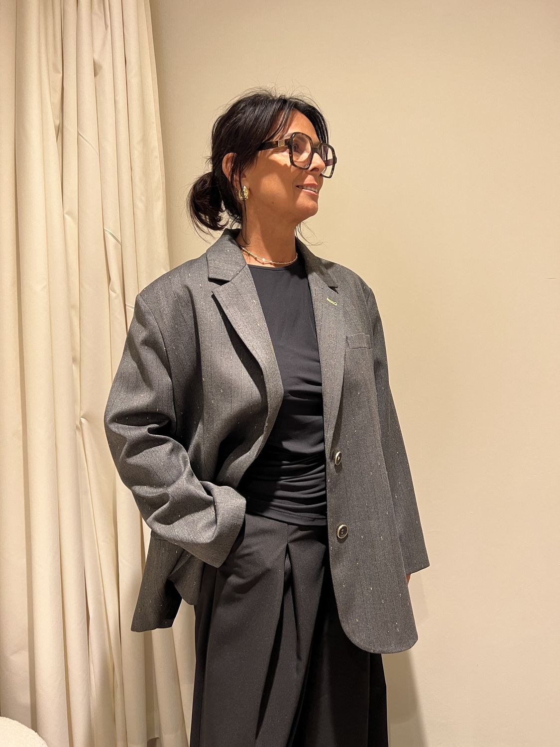 Oversized Blazer Met Goud Detail - Grigio