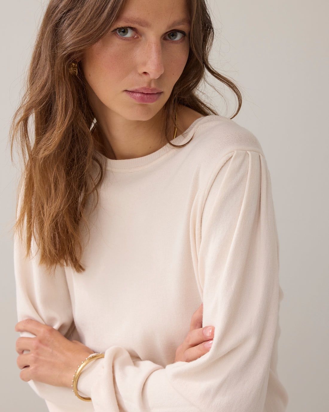 Puffy Sleeve Sweater Basic Knit - Ivory