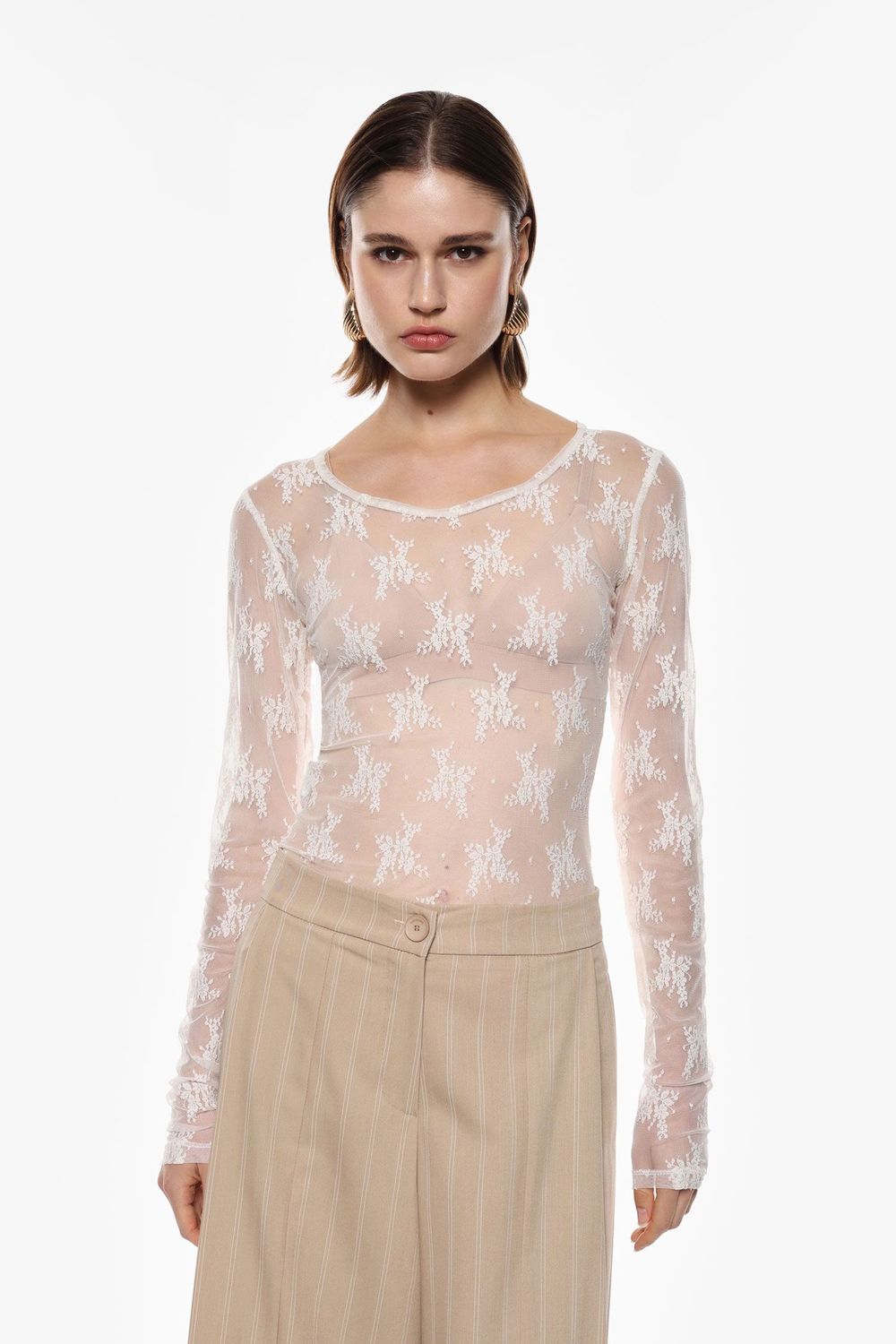 T shirt Lace Lange Mouw, Colour: Avorio, Size: S