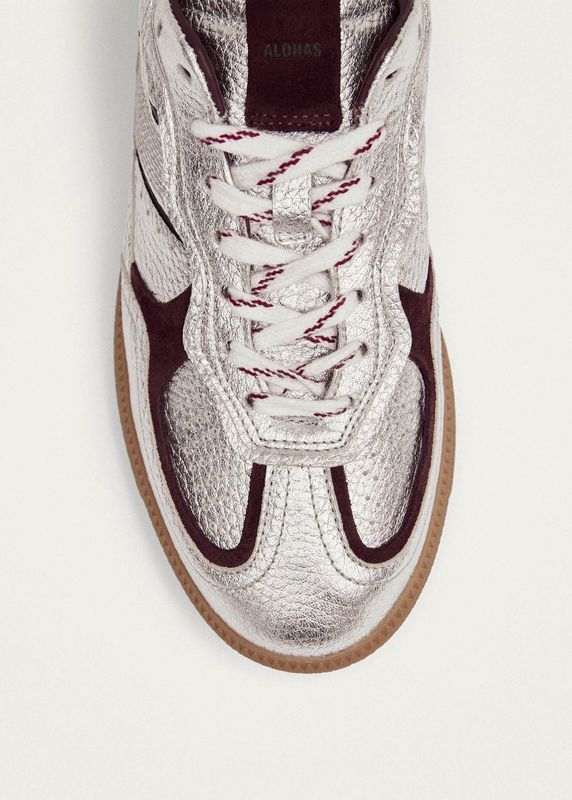 Grain Shimmer Silver &amp; Burgundy Leather Sneakers