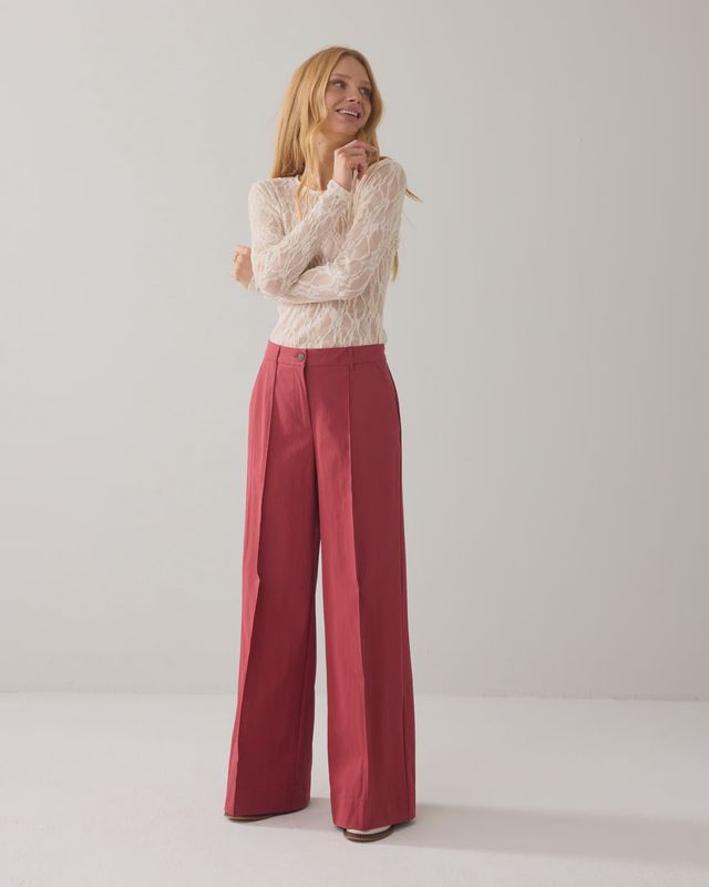Trousers Wide Leg Cotton Blend - brick red