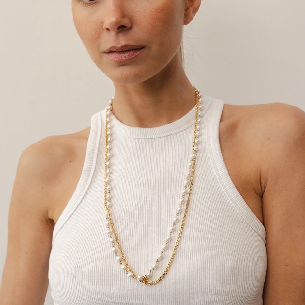 Sally Chain Double Small Pearl Long Necklace