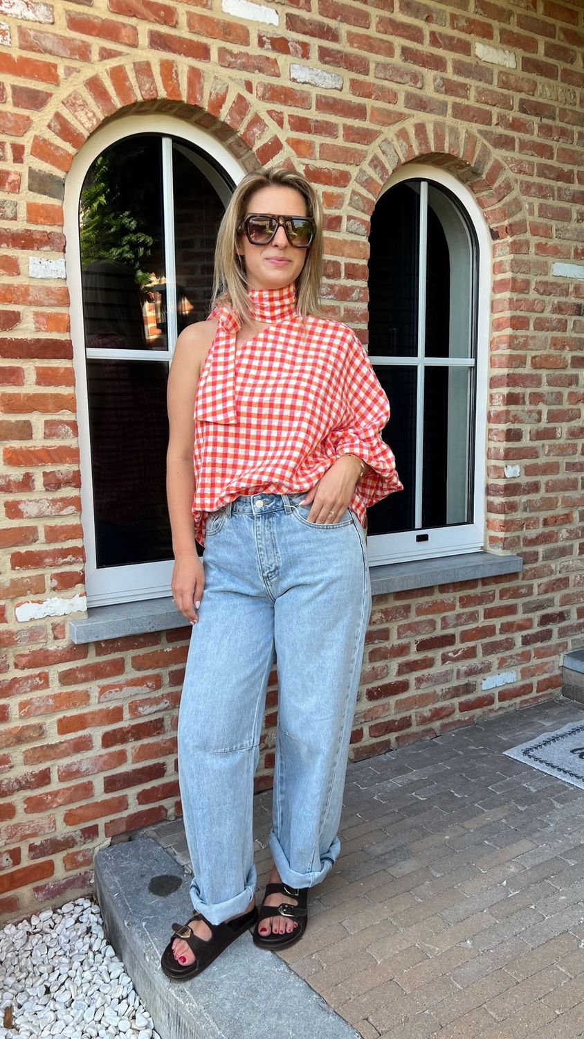 Olivia Checked One Shoulder Blouse - One Size
