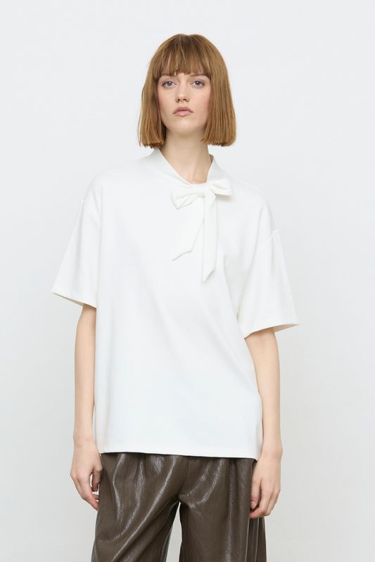 T-Shirt Met Strik Detail - Bianco