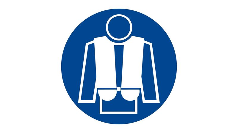 Sicherheitsaufkleber – "Rettungsweste Tragen Pflicht" Ø10 cm (Blau/Weiß)