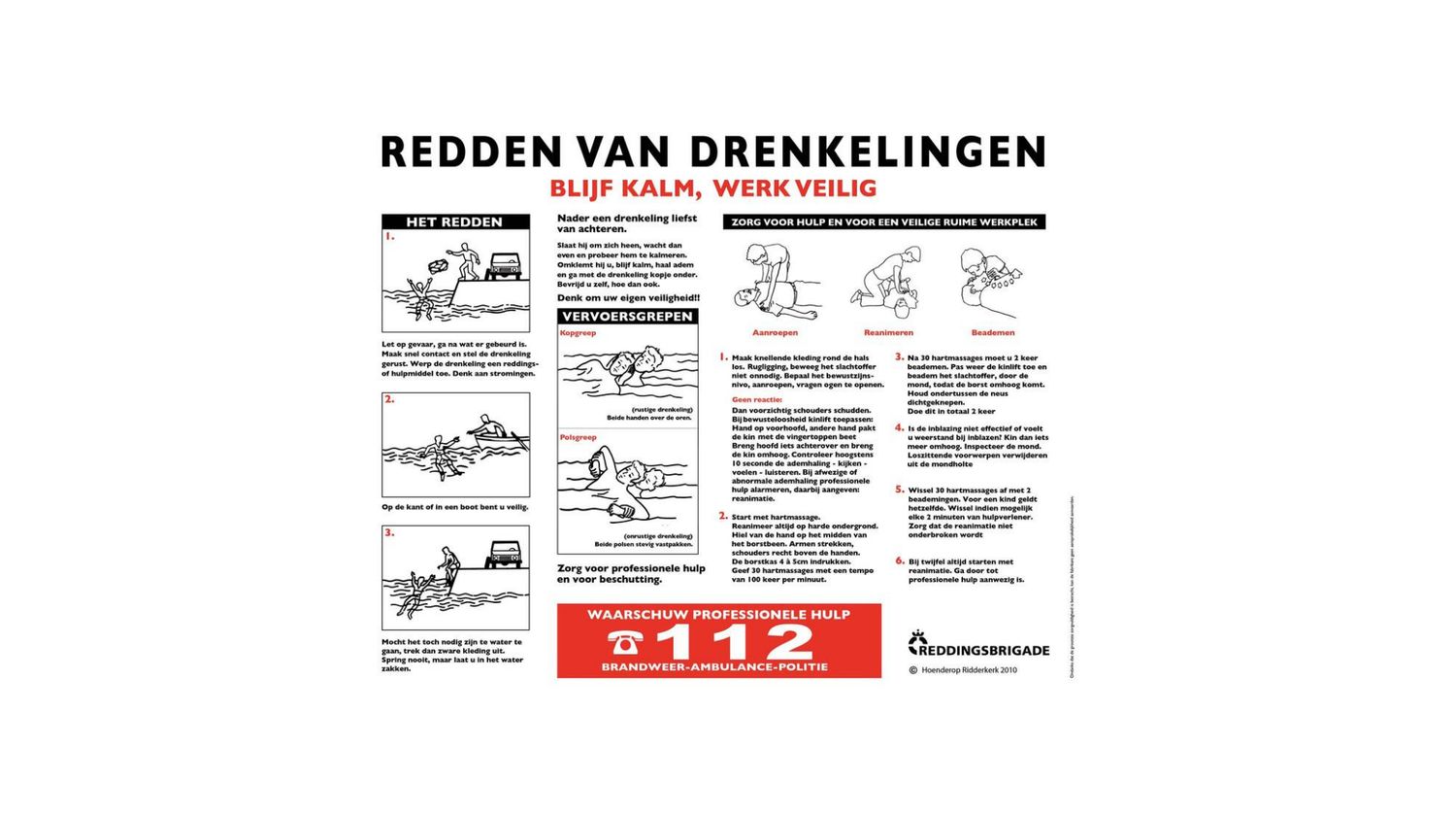 ​Rectangular Drowning Rescue Sign – 39cm x 30cm White/Red/Black