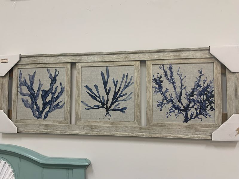 Coral Print in Blue w Grey Frame 3 Panel