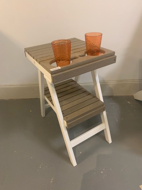Outdoor Counter Height A-Frame End Table w/Cup Holders in White/ Weatherwood