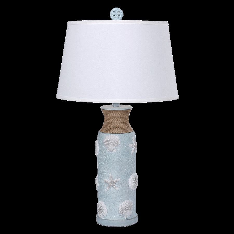 30"H Round Linen Shade 14x17x10.5H Blue Shell lamp with Rope Accent