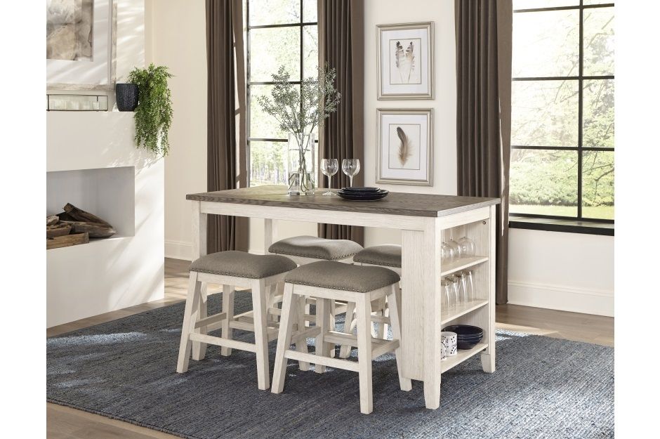 Timbre Collection 5 Piece Table and Stool Set Whitewash w/Bookshelf 36&quot;H x 60&quot;W x 30&quot;D